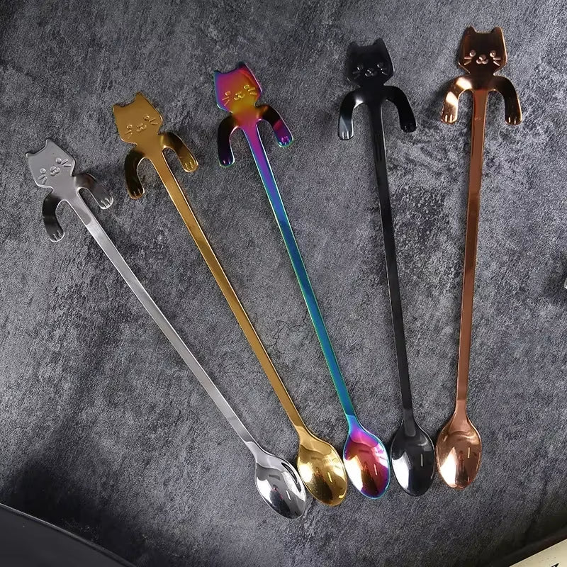 304 Stainless Steel Coffee Spoon Cat Hanging Cup Dessert Spoon Creative Cartoon Kitten Long Handle Milk Stirring Spoon