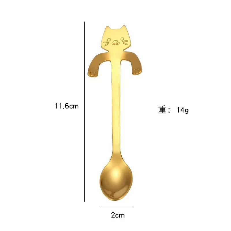 304 Stainless Steel Coffee Spoon Cat Hanging Cup Dessert Spoon Creative Cartoon Kitten Long Handle Milk Stirring Spoon