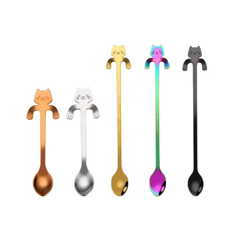 304 Stainless Steel Coffee Spoon Cat Hanging Cup Dessert Spoon Creative Cartoon Kitten Long Handle Milk Stirring Spoon