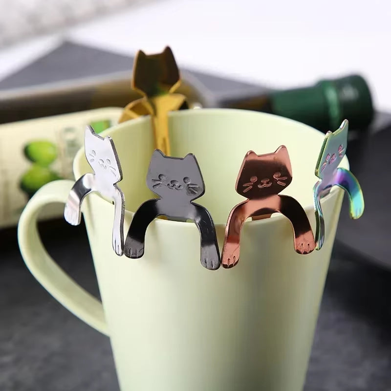 304 Stainless Steel Coffee Spoon Cat Hanging Cup Dessert Spoon Creative Cartoon Kitten Long Handle Milk Stirring Spoon