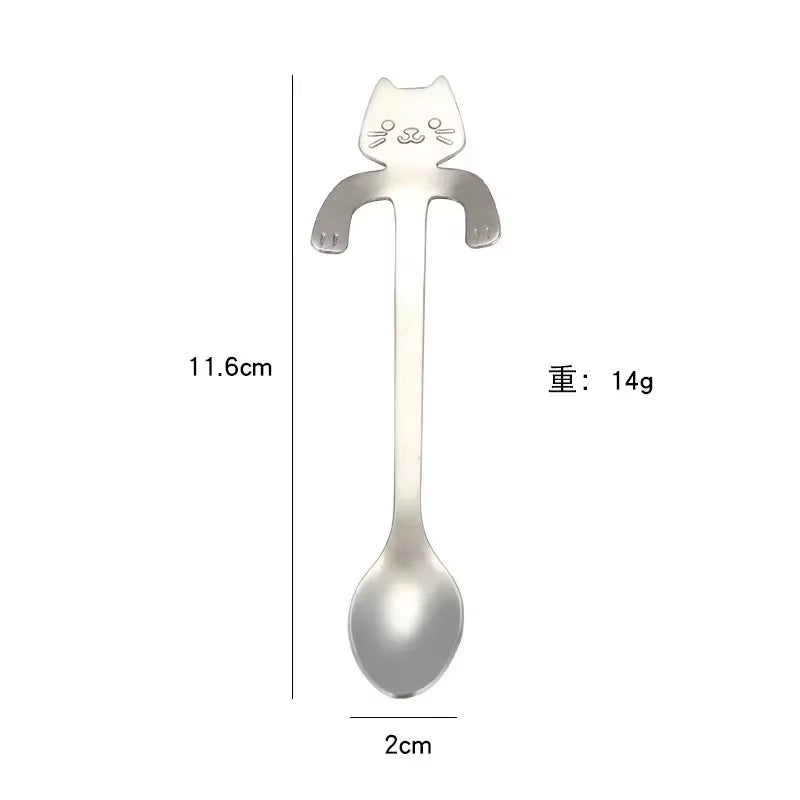 304 Stainless Steel Coffee Spoon Cat Hanging Cup Dessert Spoon Creative Cartoon Kitten Long Handle Milk Stirring Spoon